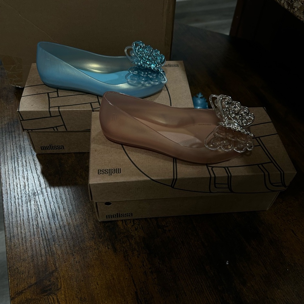 Melissa Jelly Ballet Flats with Decorative Flower Accent - Blue & Blush